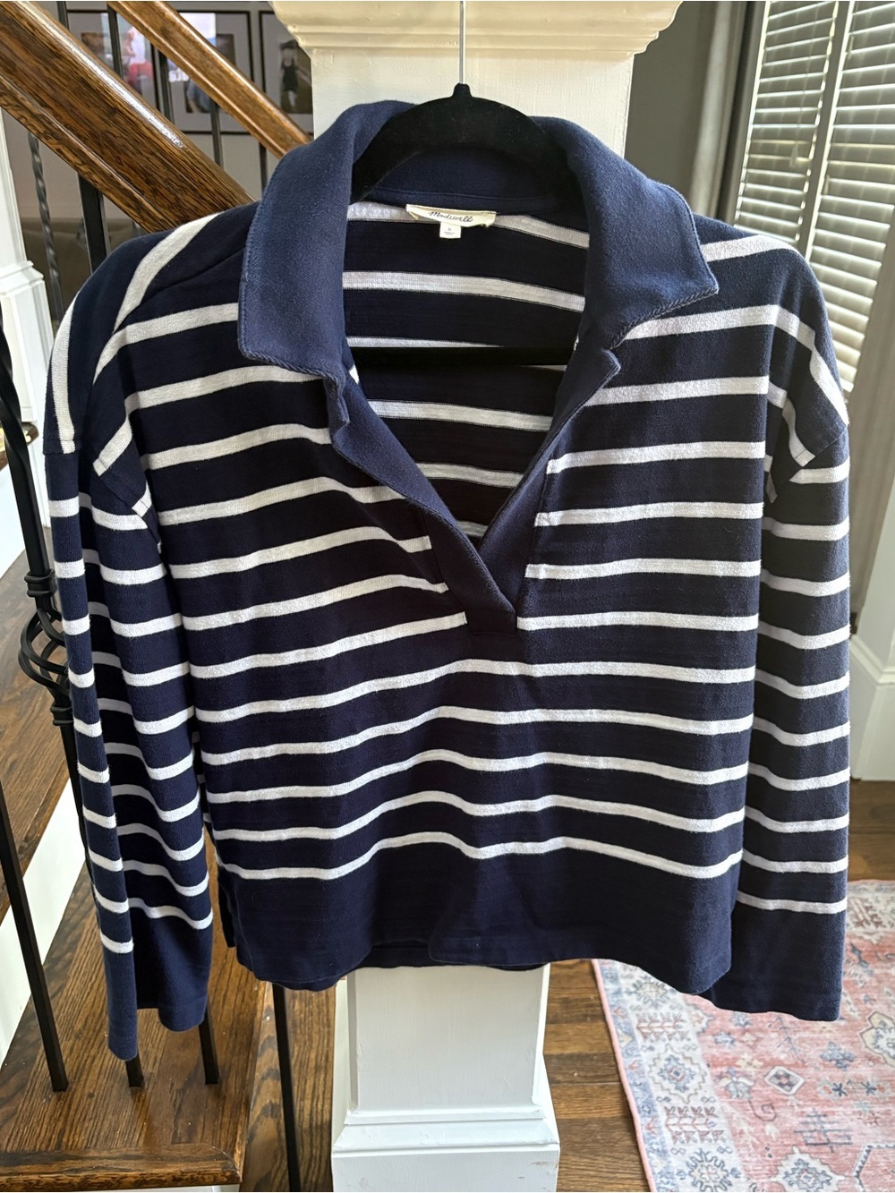 Madewell Navy and White Striped Polo Sweater